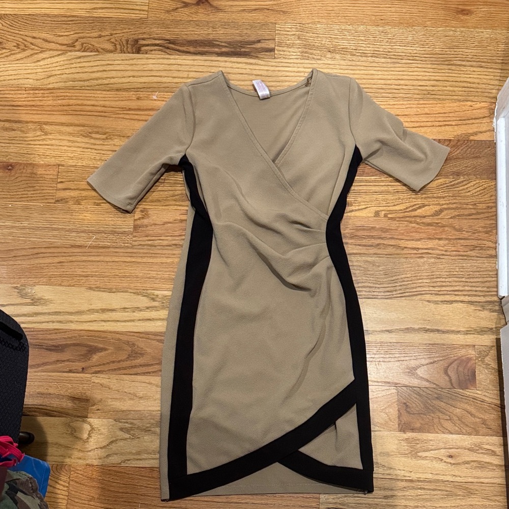 Elegant Tan and Black Wrap Dress